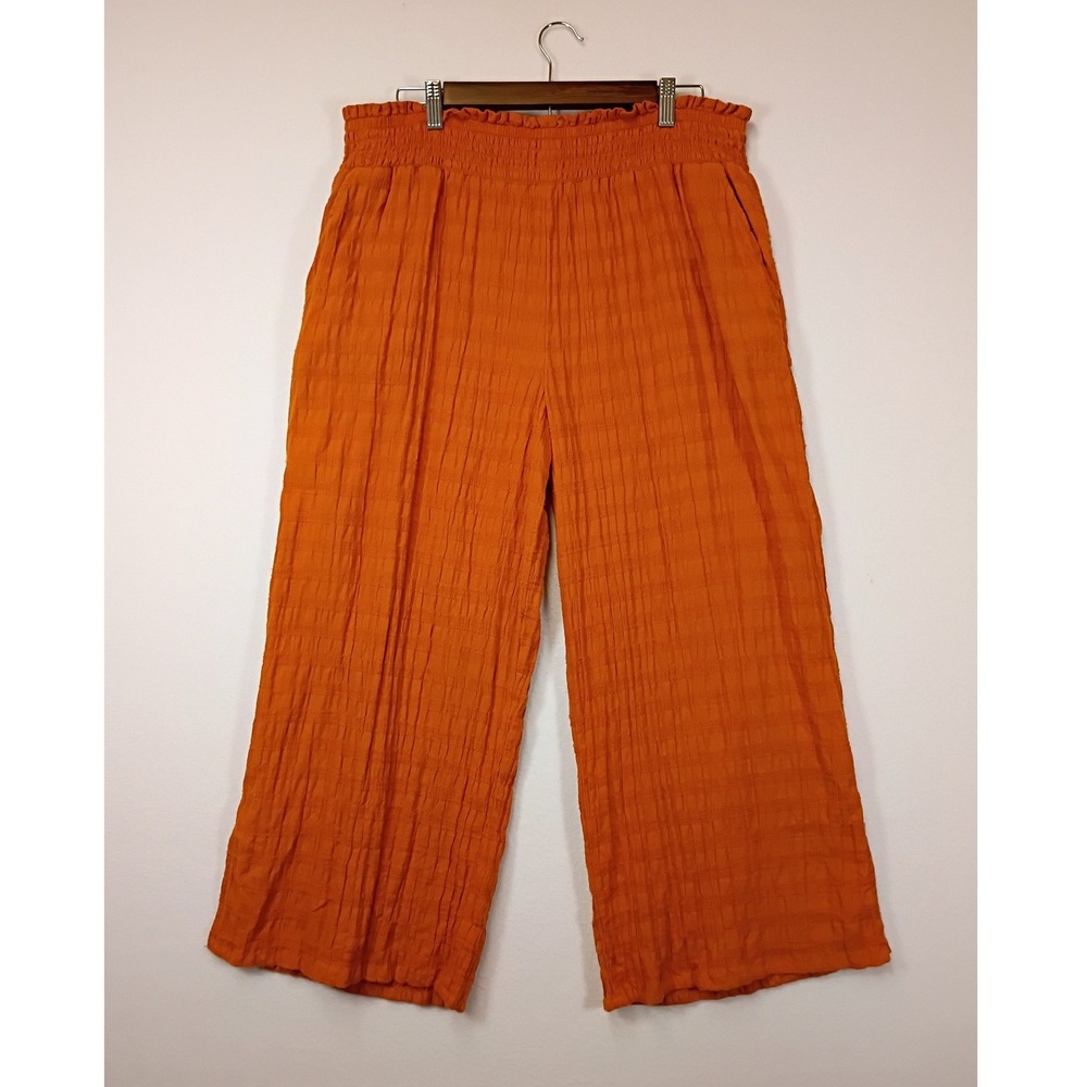 Boho Chic Aerie Women XL Orange Textured Smocked Paperbag Wide Leg Crop Pants